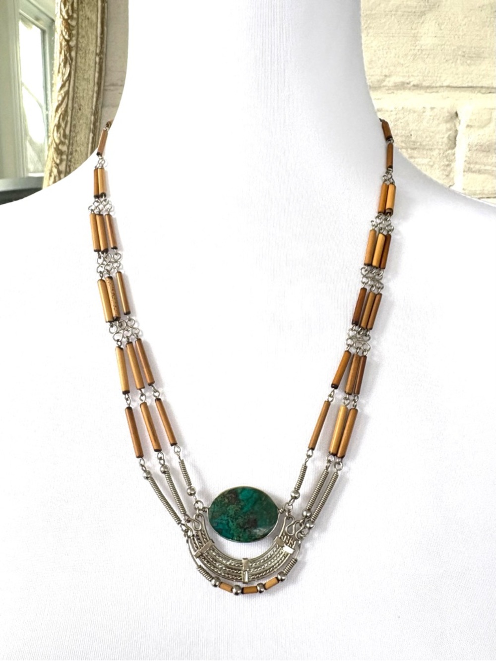 Bohemian Green Stone & Bamboo Multi-Strand Necklace Artisan Hook Closure